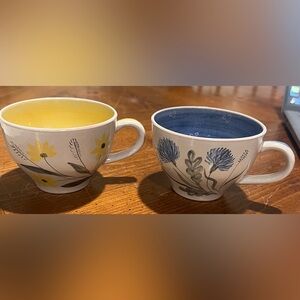 Hand-painted Made in Mexico Floral Tea Coffee Mug Set Of 2 Vintage Blue & Yellow